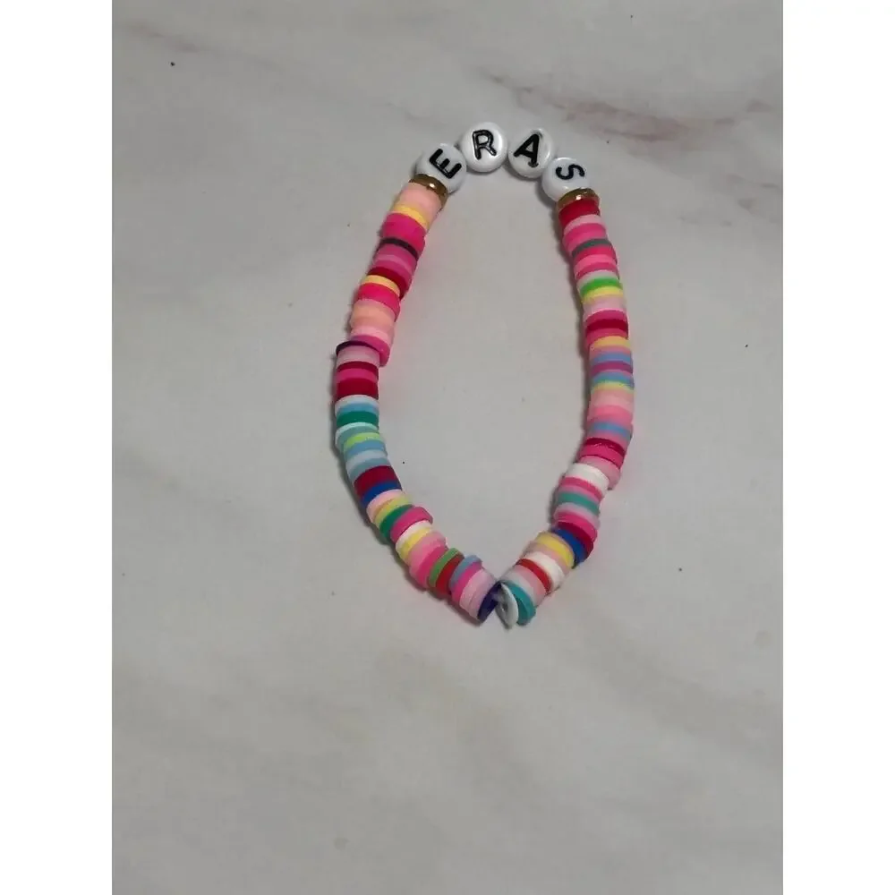 Eras Rainbow Heishi Word Bracelet 7 Inch Polymer Clay Gold White Letter Beads